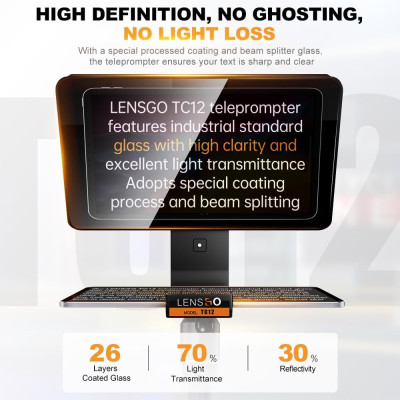 Máy Nhắc Chữ Di Động 12 Inch Dành Cho Máy Ảnh Và Máy Quay, Hỗ Trợ Kẹp Ngang Dọc, Điều Khiển Từ Xa Lensgo TC12 - Hàng Nhập Khẩu