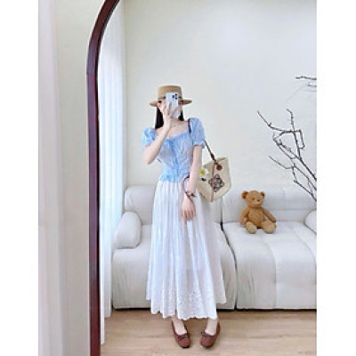 Set Áo Cổ Vuông Xanh Cúc Bọc Tay Bồng Phối Chân Váy Trắng