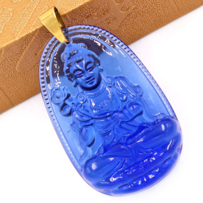 Mặt Phật Đại Thế Chí Bồ Tát pha lê xanh dương 5cm - phật bản mệnh tuổi Ngọ - Móc inox