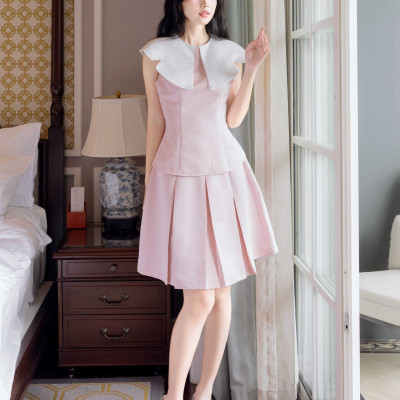 Set áo váy hồng cổ sen NGADO , set áo kèm váy , set váy xếp ly