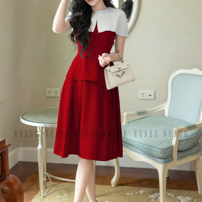 Đầm đỏ phối vạt trắng NGADO , đầm kiểu Nữ , đầm dự tiệc , công sở