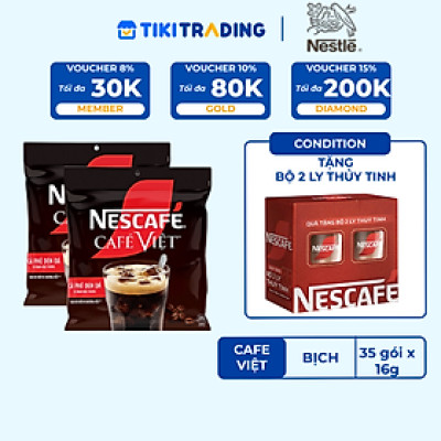 [Tặng bộ 2 ly thủy tinh] Combo 2 Bịch Cà phê đen hòa tan NESCAFE Café Việt (Túi 35 gói x 16g)