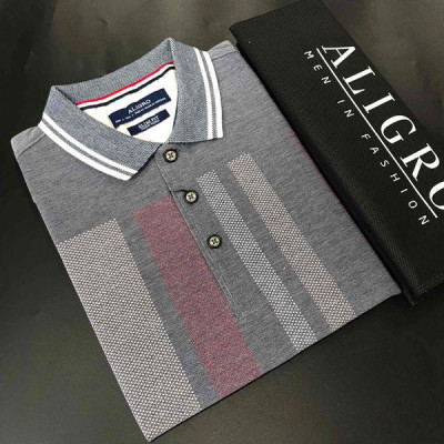 Áo polo cộc tay cổ bẻ ghi sáng họa tiết kẻ sọc ALGPLO33
