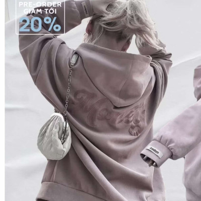 Áo Hoodie da lộn chữ thêu dáng oversize cao cấp