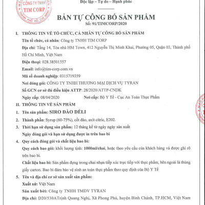 Siro đào Déli - 1 lít - đậm đặc, chuyên dùng pha chế trà trái cây, soda