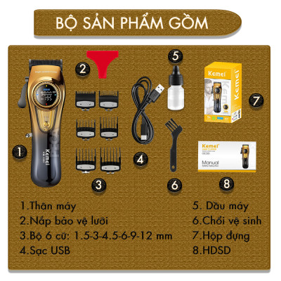 Tông đơ cắt tóc chuyên nghiệp Kemei KM-1691 lưỡi cắt mạ carbon công suất 10W điều chỉnh 40 mức tốc độ - Hàng chính hãng