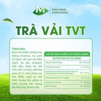 [Lốc 06 chai 450ml] Trà Vải TVT- thanh mát, tự nhiên từ nước cốt vải thiều, trà xanh nguyên chất