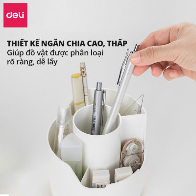 Ống Bút Xoay 360 Độ Deli - Hộp Đựng Bút Tròn Nhiều Ngăn Để Bàn Tích Hợp Giá Đỡ Điện Thoại - Tặng Kèm Sticker