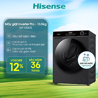 Máy giặt Hisense Inverter Pro 10.5kg WF105M3 giặt thông minh AI, điều khiển từ xa, bảo hành 3 năm - HÀNG CHÍNH HÃNG