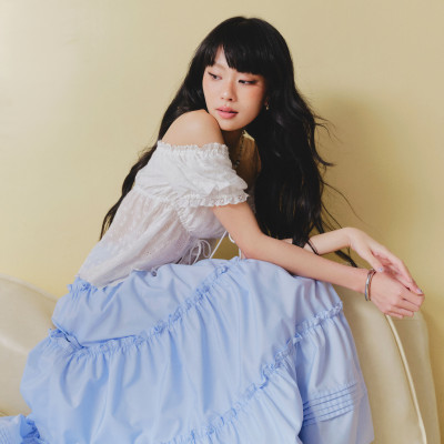 DOTTIE - Chân váy Midi nhún tầng - Xanh biển - S0285