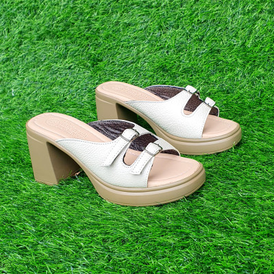 Dép nữ cao gót 8cm Trường Hải da bò mềm mại màu kem CG145