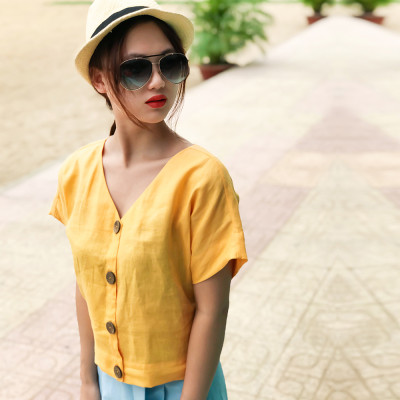 Áo Croptop Linen Áo Kiểu Đẹp Thời trang thiết kế Hity TOP134 (Vàng Mù Tạt)