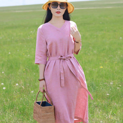 Đầm suông linen nữ cổ V, thiết kế trơn basic, thời trang nữ thanh lịch, nhẹ nhàng NH198 hồng