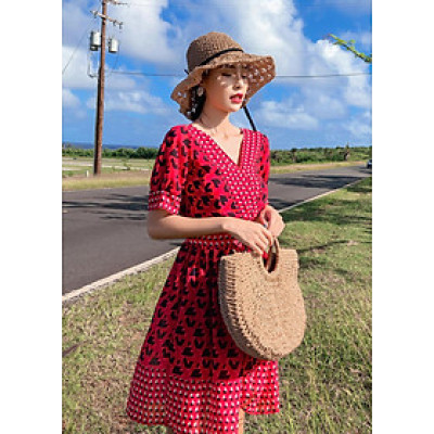 Váy maxi lửng dáng xòe, họa tiết thổ cẩm nổi bật, chất dày đẹp, đầm nữ vintage cổ chữ V, váy đi biển, du lịch đẹp | MX012