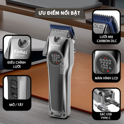 Tông đơ cắt tóc chuyên nghiệp Kemei KM-1699 lưỡi cắt mạ carbon công suất 8W tốc độ cắt 9000RPM - Hàng chính hãng