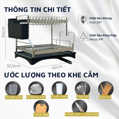 Kệ để chén bát đĩa, úp cốc inox DandiHome có khay hứng nước tặng kèm