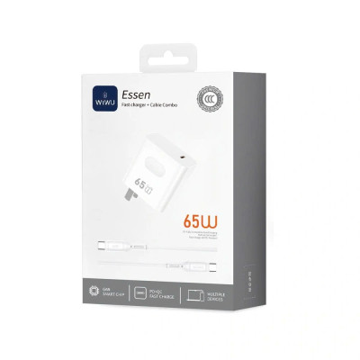 Bộ cóc củ dây sạc nhanh 65W USB C kèm dây Type C to Type C 60W PPS chống cháy hiệu WIWU GAN ESSEN Fast Charger cho iPhone 6 15 14 13 12 11 ProMax cho iPad Pro Air 10.2 9.7 10.5 11 12.9 13 inch S24 S25 cho Macbook cho Laptop Find Flip Fold - Hàng nhập khẩu