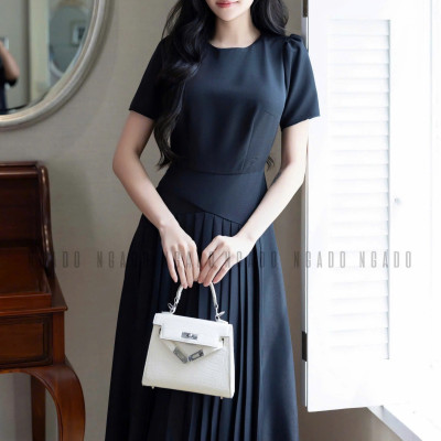 Đầm đen xếp ly cổ tròn NGADO , đầm thiết kế , đầm dự tiệc, công sở