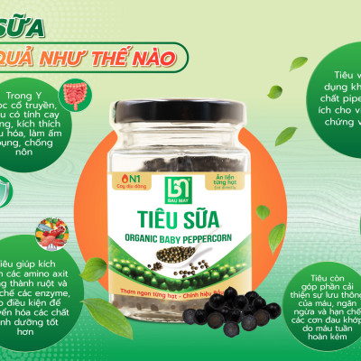 Tiêu Sữa Organic Bầu Mây 35g - Cay cấp độ 1 với độ cay dịu dàng, tươi non, giòn mềm, đậm đà, giúp kích thích vị giác, giúp ăn ngon miệng hơn, cải thiện chức năng của hệ tiêu hoá