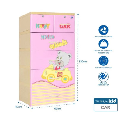 Tủ nhựa 5 tầng Qui Phúc KID màu xanh dương mẫu Car KT 600 x 470 x 1300 mm _ Juno Sofa hàng lắp sẵn