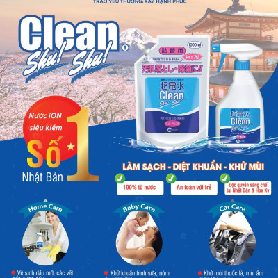 (Combo) 2 Chai xịt nước ion kiềm Clean Shu! Shu! 500mL Tẩy rửa, Khử khuẩn, Khử mùi bề mặt gia dụng, đồ chơi từ Nhật Bản
