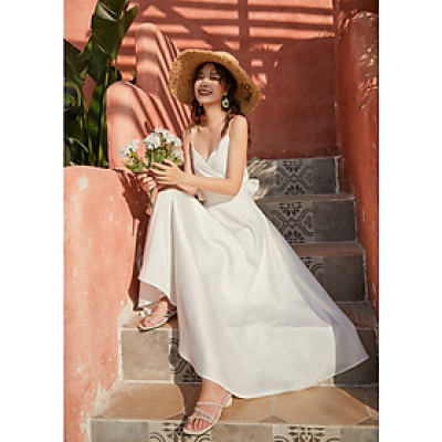 Đầm maxi lụa trắng siêu sang, dáng xòe dài thướt tha, váy maxi 2 dây, lưng trần đan nơ quyến rũ, chất lụa mềm | MX050