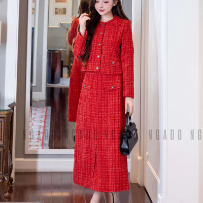 Set áo váy tweed đỏ NGADO , set áo kèm chân váy dáng dài