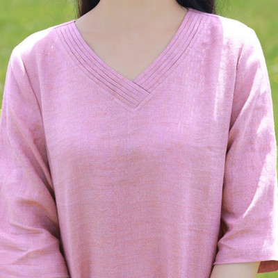 Đầm suông linen nữ cổ V, thiết kế trơn basic, thời trang nữ thanh lịch, nhẹ nhàng NH198 hồng