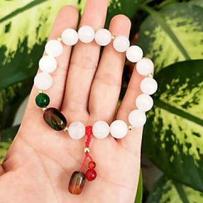 Vòng tay phong thủy đá mã não trắng mix lu thống dễ thương hút Tài Lộc May Mắn