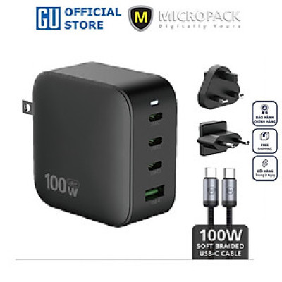 Bộ củ sạc + Cáp MicroPack POWER SERVER GaN 100W MWC-4100 Nhiều Đầu Ra 03xUSB-C Và 01xUSB-A Sạc Siêu Nhanh Nhỏ Gọn Hàng Chính Hãng