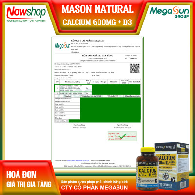 Calcium 600MG + D3 Mason Natural Hộp 100 viên tăng chiều cao xương răng chắc khỏe ngừa loãng xương