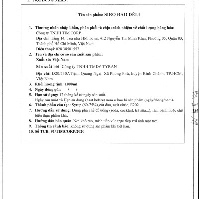 Siro đào Déli - 1 lít - đậm đặc, chuyên dùng pha chế trà trái cây, soda