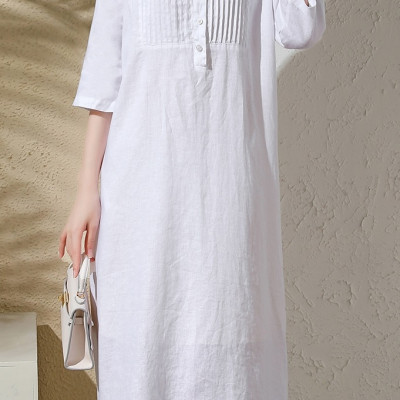 Đầm suông trắng linen phối cúc, thiết kế cổ V thanh lịch, đầm có túi tiện lợi NH190