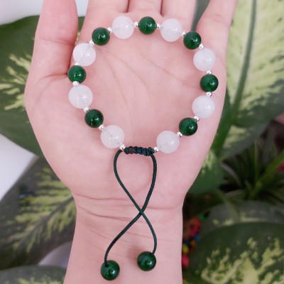 Vòng tay Nữ phong thủy đá mã não trắng mix đá thạch anh xanh và bi bạc kết dây thời trang
