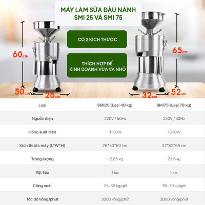 Máy Làm Sữa Đậu Nành Công Nghiệp Model SMI. Có 2 Size, Phù Hợp Nhu Cầu Kinh Doanh, Tốc Độ Sản Xuất Tối Đa 70L/1h, Làm Từ 100% Inox, Tiết Kiệm Điện, Tặng Miễn Phí 2 Túi Lọc Bã, 2 Đầu Xay. Hàng Nhập Khẩu Chính Hãng Thái Lan!!
