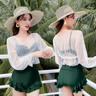 Bộ đồ bơi bikini nữ 1 mảnh đi tắm biển kèm áo croptop ren trắng chấm bi tiểu thư hot trend 2021- B05