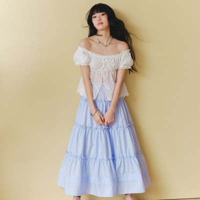 DOTTIE - Chân váy Midi nhún tầng - Xanh biển - S0285