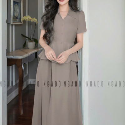 Set áo váy peplum nâu NGADO , set áo váy dài , set áo váy kiểu Nữ
