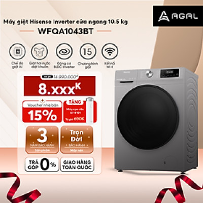 Máy Giặt Hisense Inverter Cửa Ngang WFQA1043BT 10.5kg Diệt Khuẩn 99%, Tiết Kiệm Điện, Bảo Hành 3 Năm - Hàng Chính Hãng
