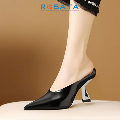 Dép sục cao gót nữ da bóng, gót bạc ROSATA RO672 -7F- Đen - HÀNG VIỆT NAM-BKSTORE