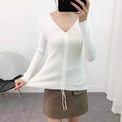 Áo len nữ màu trắng dài tay cổ chữ V thiết kế dây rút  thu đông hb35