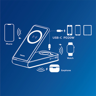 Đế sạc không dây Magnectic Wireless Philips Power Bank 3 in 1 Foldable DLP6759CB/70 - Hàng chính hãng