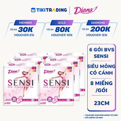 Combo 6 Băng Vệ Sinh Diana Sensi Siêu Mỏng Cánh (Gói 8 Miếng)