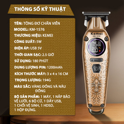 Tông đơ chấn viền Kemei KM-1576 lưỡi cắt mạ carbon cao cấp công suất 5W, điều chỉnh 3 mức tốc độ - Chính hãng