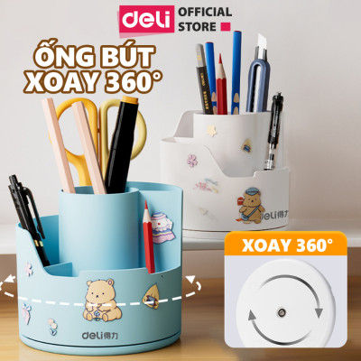 Ống Bút Xoay 360 Độ Deli - Hộp Đựng Bút Tròn Nhiều Ngăn Để Bàn Tích Hợp Giá Đỡ Điện Thoại - Tặng Kèm Sticker