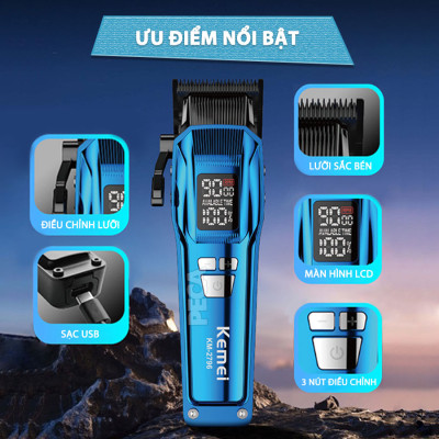 Tông đơ cắt tóc chuyên nghiệp Kemei KM-2796 lưỡi cắt mạ carbon DLC cao cấp có động cơ không chổi than màn hình LCD hiển thị công suất 10W - Tặng kèm lưỡi thay - Chính hãng