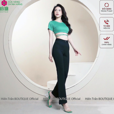 Quần ống loe Hiền Trần BOUTIQUE lưng cạp cao 1 cúc suông rộng nữ dài culottes màu đen