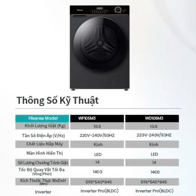Máy giặt sấy Hisense Inverter Pro 10.5kg WD105M3 giặt thông minh AI, điều khiển từ xa, bảo hành 3 năm - HÀNG CHÍNH HÃNG