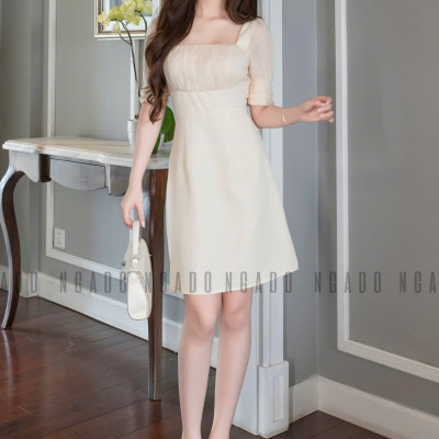 Đầm kem cổ vuông phối voan NGADO , đầm kiểu Nữ , đầm voan