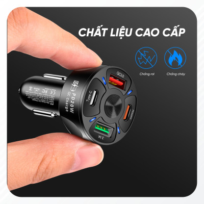 Tẩu Sạc Điện Thoại USB Type C Hỗ Trợ Sạc Nhanh 20W | Tẩu Sạc Điện Thoại 4 Cổng Sạc Tương Thích Với Nhiều Thiết Bị, Có Công Nghệ Sạc Nhanh QC 3.0 PD 20W